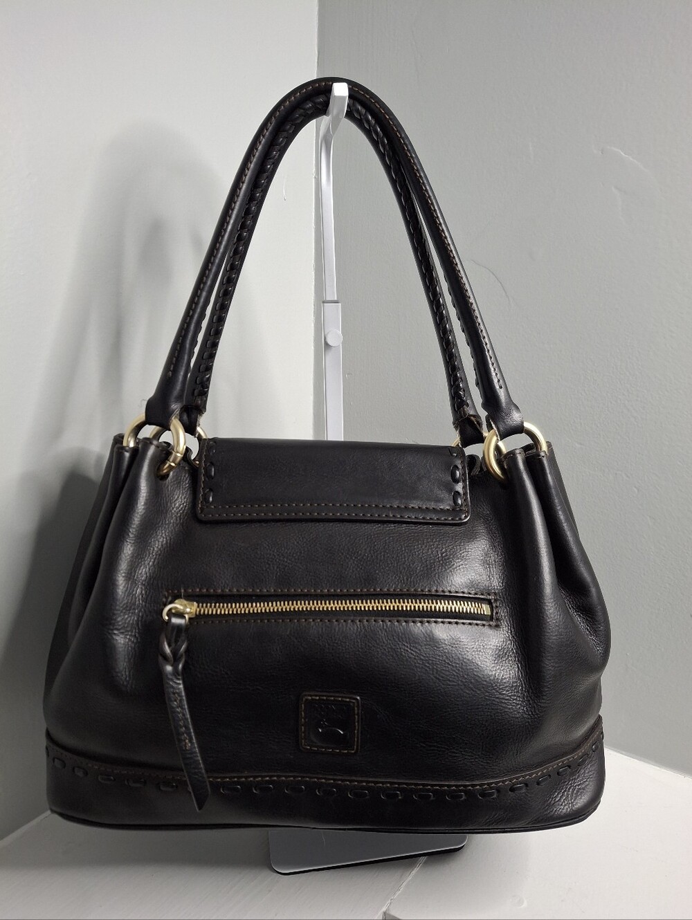 Dooney & Bourke Florentine Vacchetta Leather Flap Hobo Shoulder Bag Black EUC - Picture 2 of 12